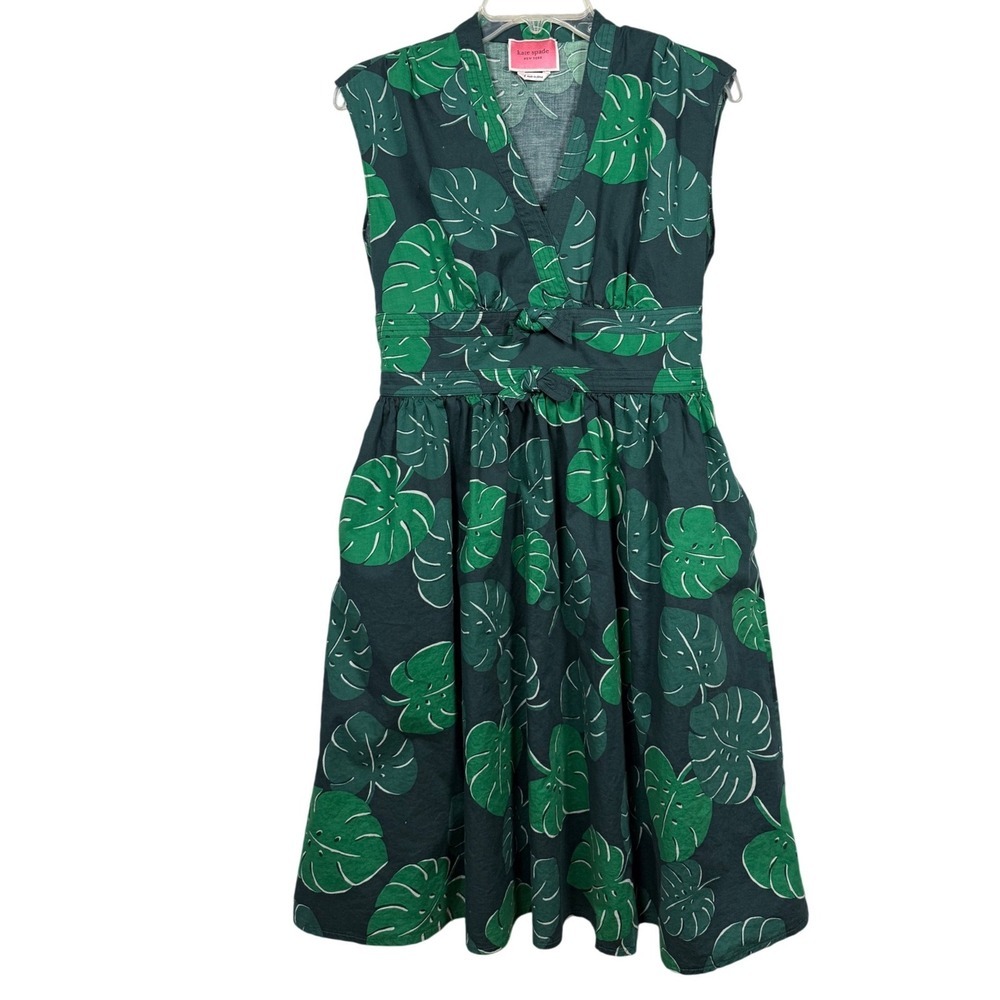 KATE SPADE Monstera Leaves Poplin Bow Dress, Size 4 - Picture 3 of 11